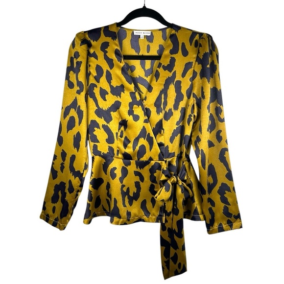 MOON RIVER ANTHROPOLOGIE Gold and Black Faux Wrap Leopard Print Top Size Small - Picture 1 of 7